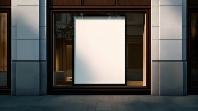 A minimalistic storefront with a large blank display window, showcasing modern architecture. Perfect for urban and commercial design concepts.