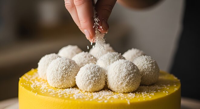 Hand Sprinkling Coconut Flakes on Yellow Cake with White Balls