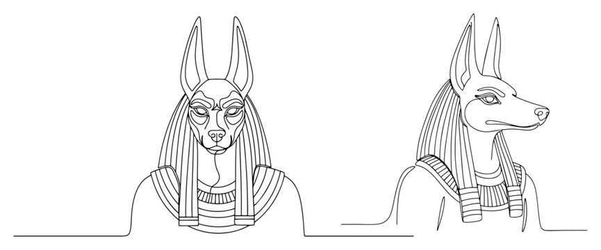 Anubis Egyptian god jackal head portraits in continuous line art style