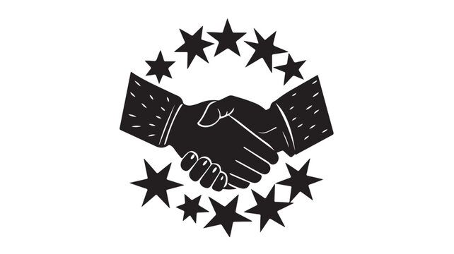 Vintage handshake vector illustration, black and white business partnership icon, retro linocut style deal agreement with stars, professional collaboration symbol
