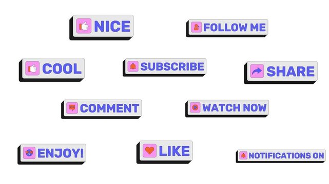 Social media engagement modern clickable buttons animation set. Streaming platform reactions. Like comment. Animated UI elements. Web interface call-to-action collection. Colorful micro interactions