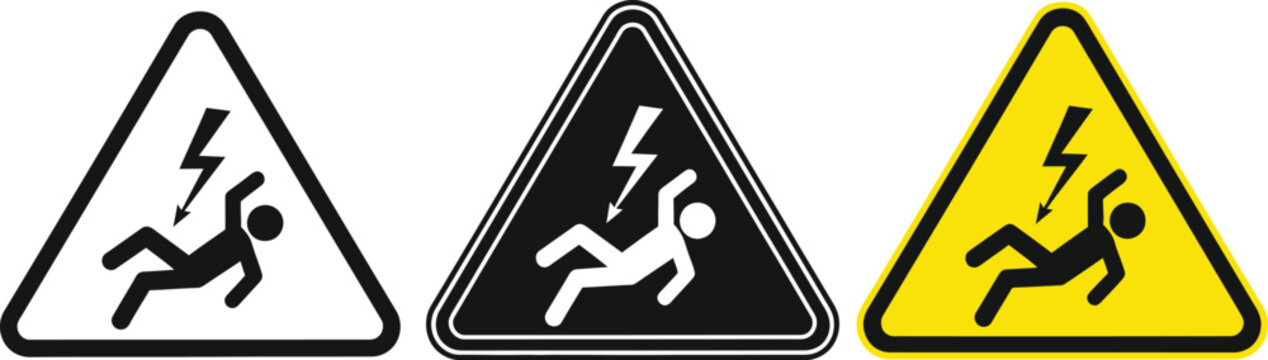 Electrical hazard warning signs black white and yellow variations