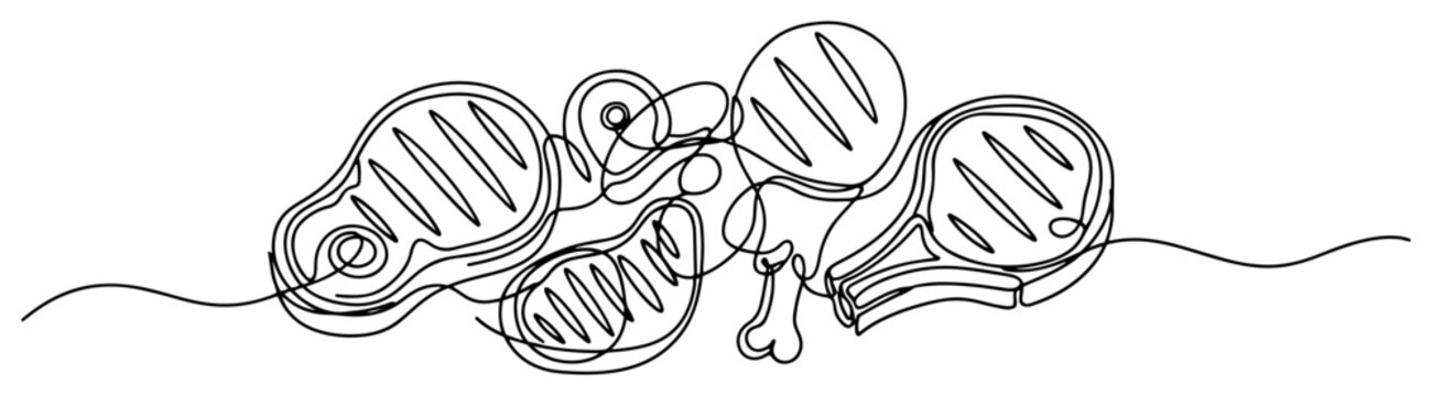 Grilled meat assortment including steak and chicken with sausages in continuous line art style