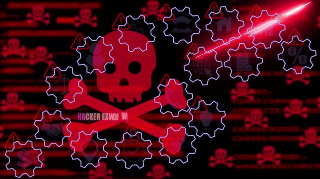 Cyber security breach concept featuring red skull and rotating digital gear interface with warning symbols and malicious code overlay for advanced network protection