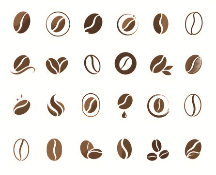 A set 24 icon Coffee Bean Flat Roasted Coffee Logo Elements