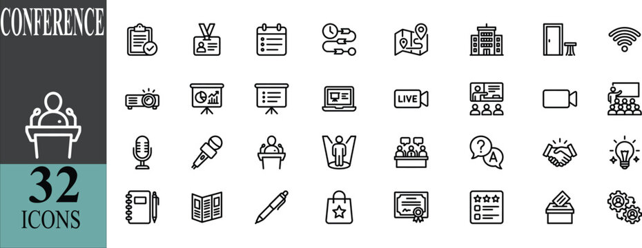 Conference and Seminar icon set. Editable line icons. Vector illustration.
