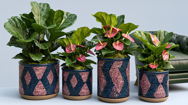 Four potted plants with colorful flowers and green foliage arranged in decorative