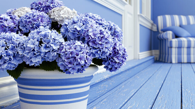 Vase of blue hydrangeas on a blue deck with striped furniture in the background