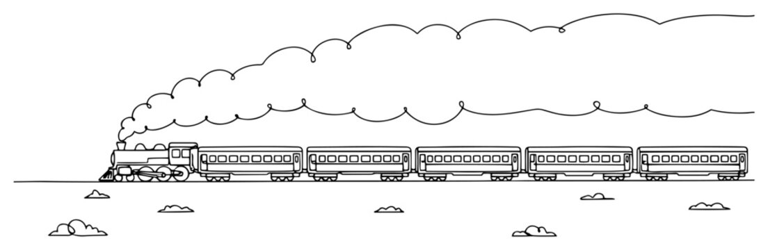 Vintage steam locomotive train with passenger carriages and smoke in continuous line art style