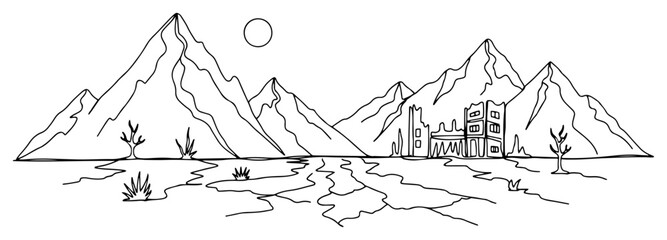 Fototapeta premium Desolate mountain landscape with ruined buildings in continuous line art style
