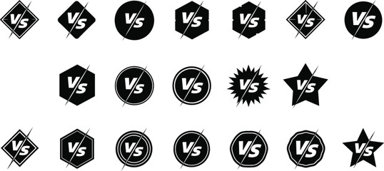 Versus (VS) Icon Vector Set Featuring Various Shapes and Styles for Competition, Gaming, and Match Illustrations in Black Silhouette © Azay Chandra