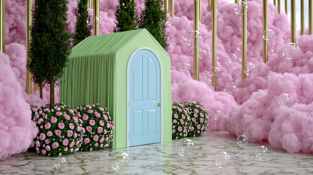 Charming green arched doorway structure in a whimsical pink cloud garden with roses
