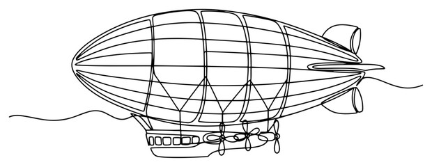 Vintage steampunk airship dirigible flying in the sky in continuous line art style © Katarzyna