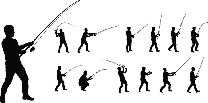 Fisherman Silhouette Vector Set Featuring Various Fishing Poses with Rods and Standing or Squatting Positions in Black Design