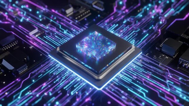 The Central Processor (CPU). A high-concept 3D illustration. In the center is a large metallic futuristic CPU (processor) or a glowing crystal cube (the "brain").
