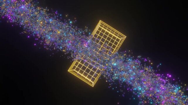 The Data Sorting Filter. . A chaotic turbulent stream of mixed data particles (glowing blue purple and green) is continuously flowing towards a complex geometric filter (a rotating grid or sieve).
