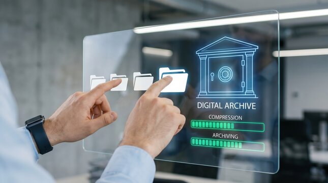 Digital Archive Concept: Person Using Transparent Touchscreen to Secure Data in a Virtual Vault