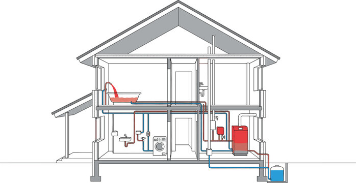 House Plumbing System Vector Illustration Featuring Water Pipes, Heating, Bathroom, and Utility Connections in Cross-Section Design