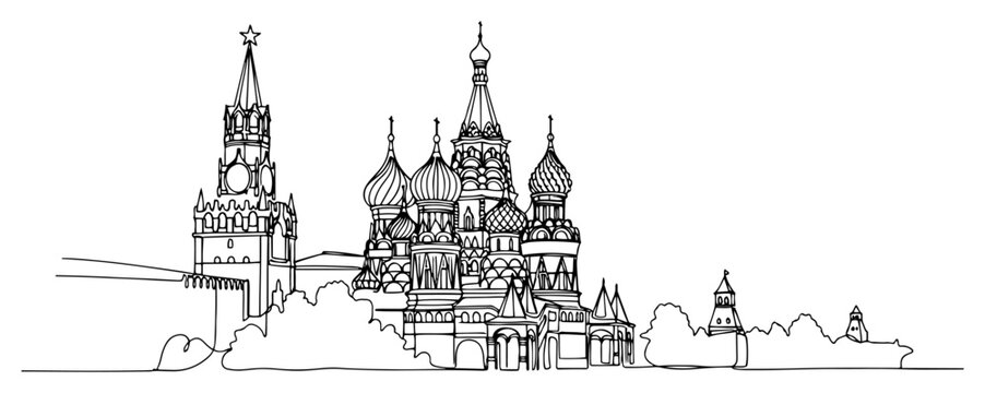 Saint Basils Cathedral and Moscow Kremlin landmark in continuous line art style