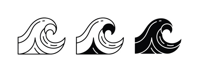 Fototapeta premium Stylized Wave Icons, Ocean Swell Vector Graphics, Nautical Sea Symbol Collection, Marine Water Element Set