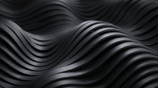 A 3D render of dark, flowing wave-like ribbons in deep charcoal/black tones. The layered, sinuous forms create a sense of fluid motion and depth, with a soft bokeh effect blurring the background.