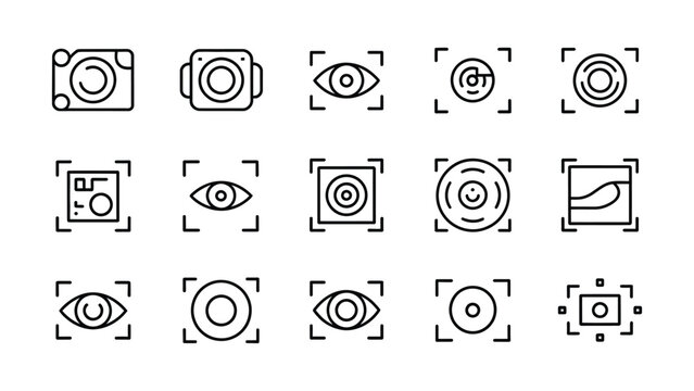 Collection of modern line art icons representing scanning and identification technologies including cameras eyes and fingerprints within focus squares