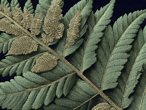Detailed botanical illustration of a fern frond with sori on dark background