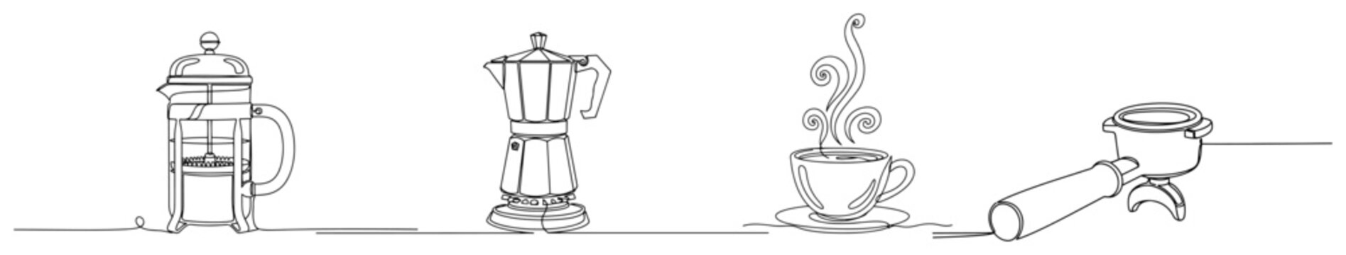 Coffee brewing equipment set including french press moka pot and espresso cup in continuous line art style