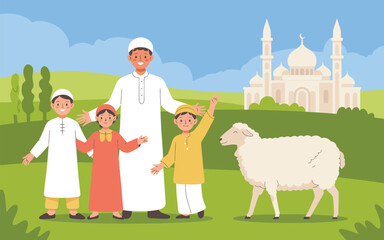 Fototapeta premium Muslim family with children and a sheep in front of a mosque on a green landscape rural life religious festival cultural event islamic culture children daughter livestock building religion