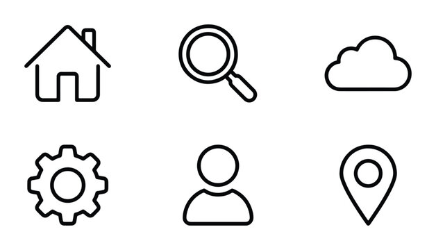 Minimalist Line Icons Set: Home, Search, Cloud, Settings, User, Location Pin, Vector Graphics for Web and App Design