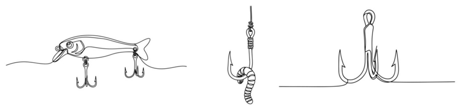 Fishing lure with hook and worm bait in minimalist continuous line art style