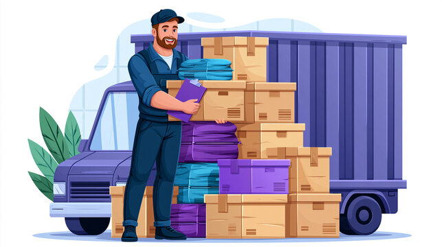 Moving man with boxes and truck, preparing for relocation and transport, moving company