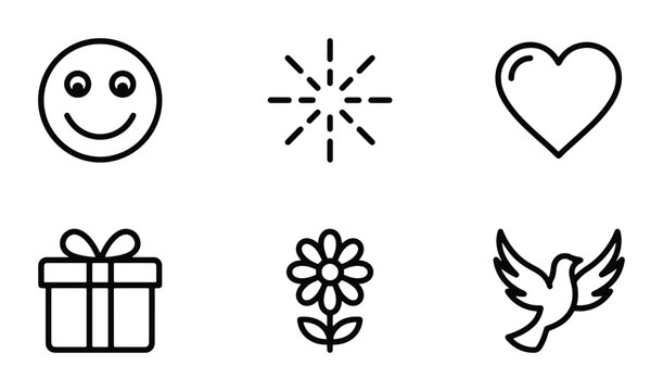 Simple Line Icons Set: Smiley Face, Sparkle, Heart, Gift Box, Flower, Dove Bird, Vector Graphics for Design Elements, Symbols, and Emblems