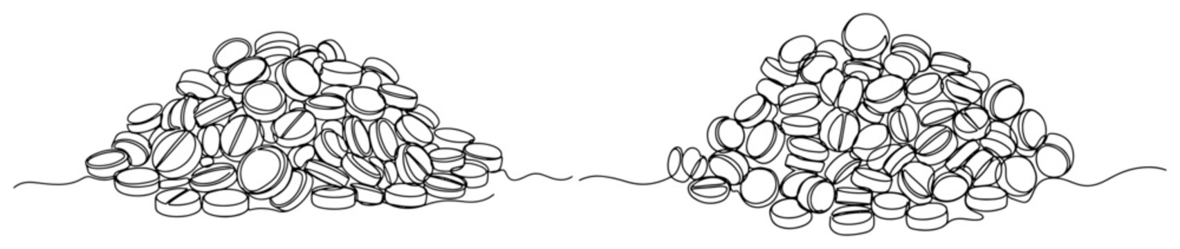 Large piles of round pharmaceutical pills in continuous line art style