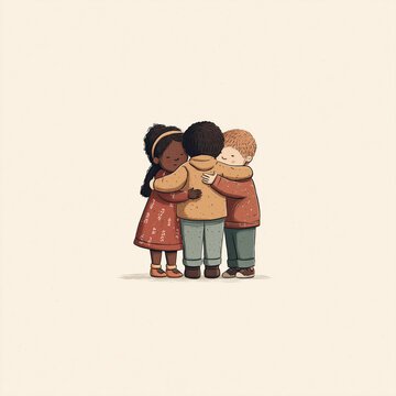 Three diverse children hugging together in a group embrace, warm friendship
