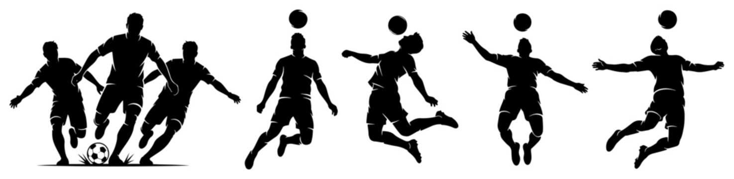 Soccer players in action performing headers and dribbling in black silhouette style
