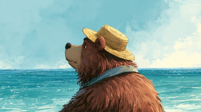 麦わら帽子を被り海を眺めるクマ