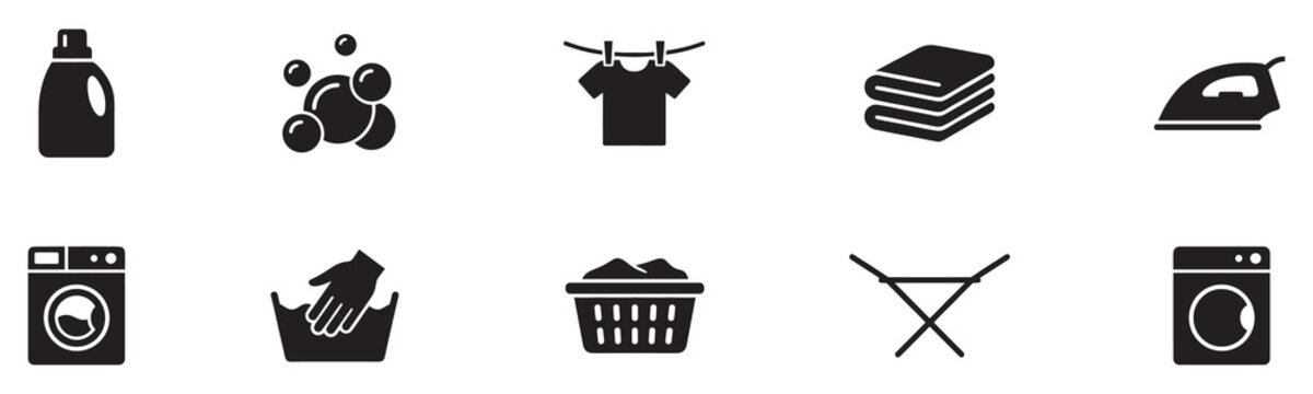 Laundry Service and Clothing Care Icon Set. Washing Machine, Detergent, Ironing, Drying Rack. Vector Illustration.