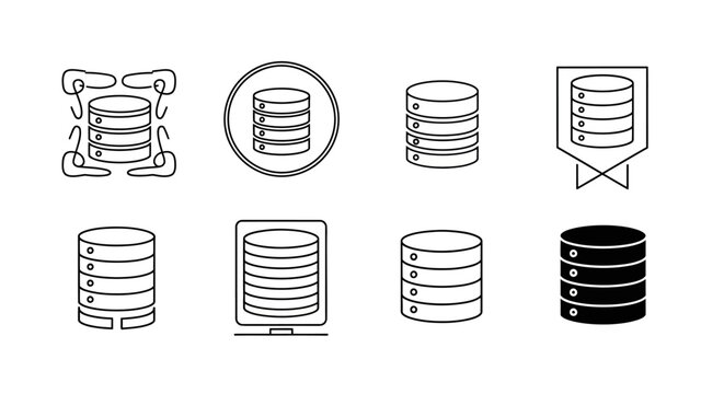 Set of database server icons in thin line and solid black style