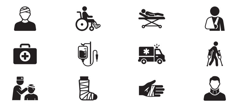 Injury, Trauma and Medical Treatment Icon Set. Wheelchair, Ambulance, Bandage, Broken Bone. Vector Illustration.