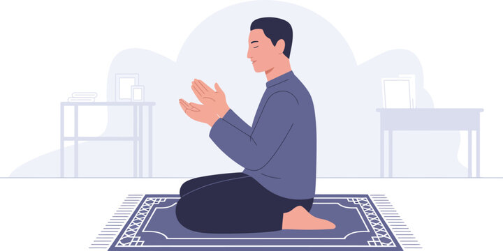 Male character kneeling on a patterned blue prayer mat with hands open in a humble gesture of supplication or prayer in an indoor setting kneeling supplication religious devotion spiritual