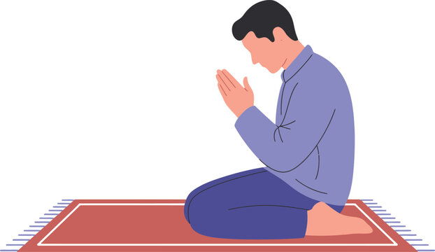 Male character kneeling on a red prayer mat with hands together head bowed in a posture of devout prayer or humble supplication white background kneeling supplication religious devotion