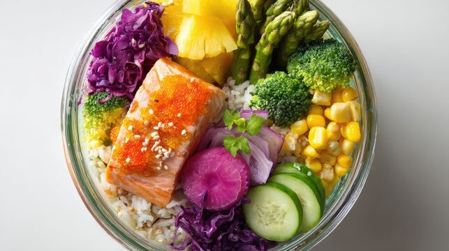 A vibrant and colorful bowl of rice, vegetables like asparagus or broccoli, fresh fish such as salmon fillet with dill sauce, pickled red onion slices, cucumber and pineapple, coconut milk-creamed cor