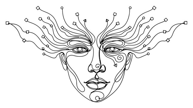 Artificial intelligence female face with electronic circuit hair in continuous line art style