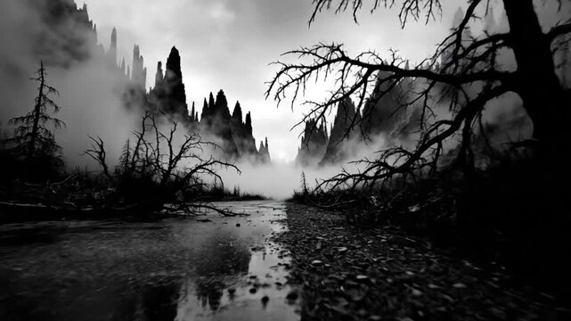 Spooky black and white landscape of a desolate path with mountains shrouded in mist and eerie atmosphere