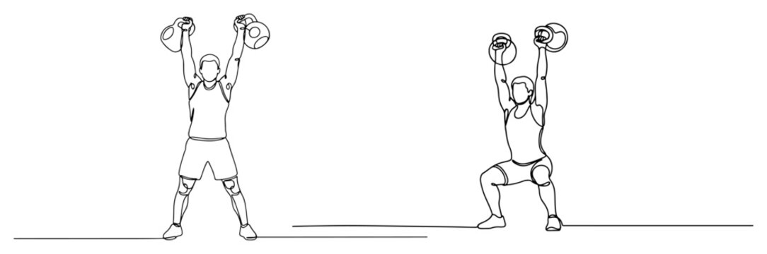 Athlete performing overhead press and squats with kettlebells continuous line art style