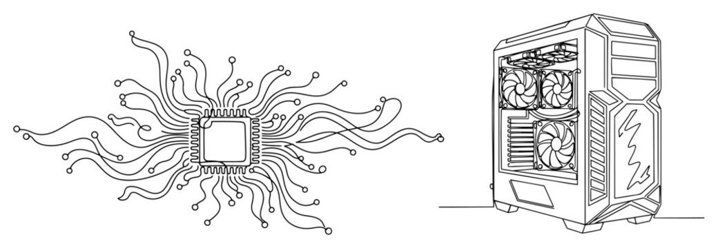 Gaming computer case and central processing unit chip in continuous line art style