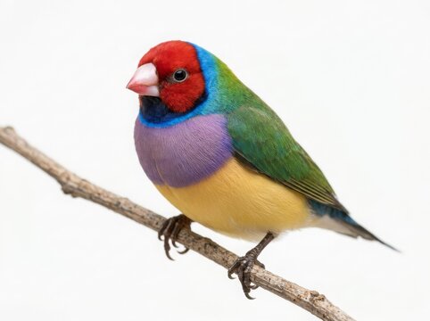 ultra macro close-up of a small exotic bird perched on a mossy branch, extremely detailed feathers, vibrant natural colors (red, yellow, blue, black), sharp eye focus with reflection, intricate feathe