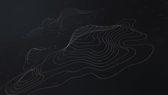 Futuristic digital topographic map with glowing neon contour lines, abstract 3D terrain visualization, modern data technology and cyber landscape concept