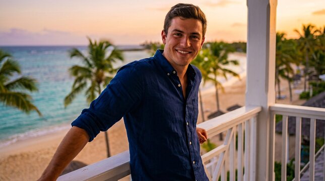 Cheerful young man leaning casually on a white balcony railing overlooking a stunning tropical beach, wearing a deep navy blue shirt outside.